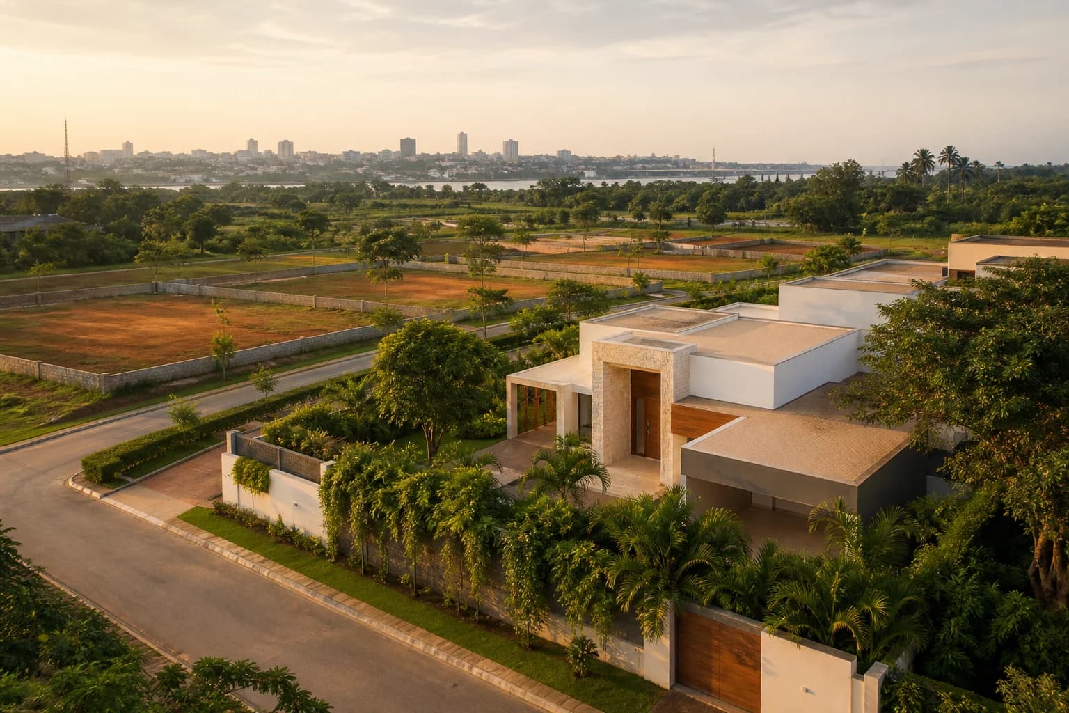 Villa contemporaine et parcelles aménagées dans le paysage d’Abidjan